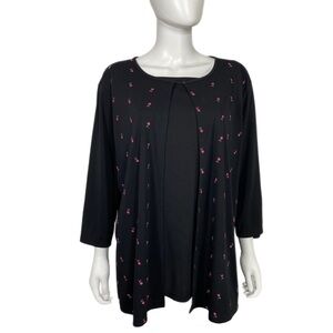 Notations Layered 3/4 Sleeve Embroidered Pink Flower Black Blouse
